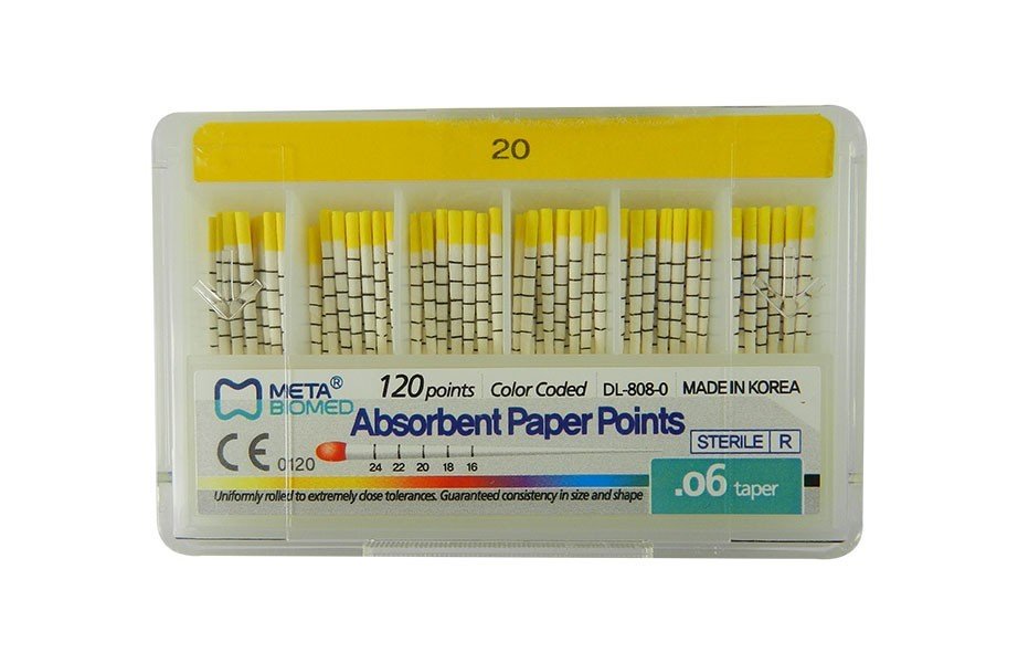 Meta Biomed Endo Instruments with 25 red absorbent paper points for root canal procedures, shown in a pack of 120.