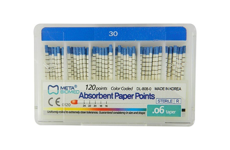 Meta Biomed Endo Instruments Meta Absorbent Paper Points, red, 25-pack, used for moisture absorption during dental procedures.