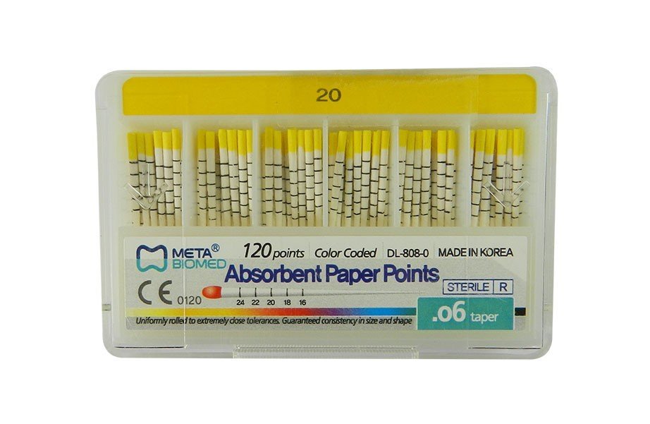 Meta Biomed absorbent paper points for endodontic procedures, red color, pack of 120, used for root canal treatment.