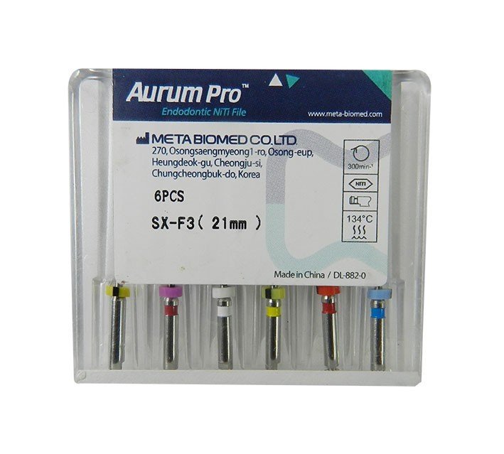 Assorted Meta Aurum Pro Protaper Niti Files SX F3 endodontic instruments from Meta Biomed, displayed with 21mm length.