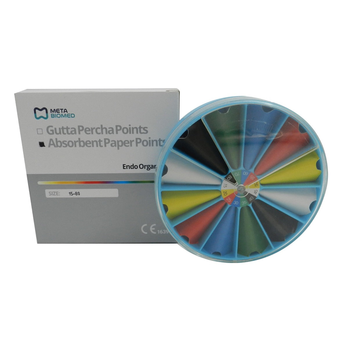 Meta Biomed Endo Organizer Kit with absorbent paper points for dental endodontic procedures, featuring precision endo instruments.