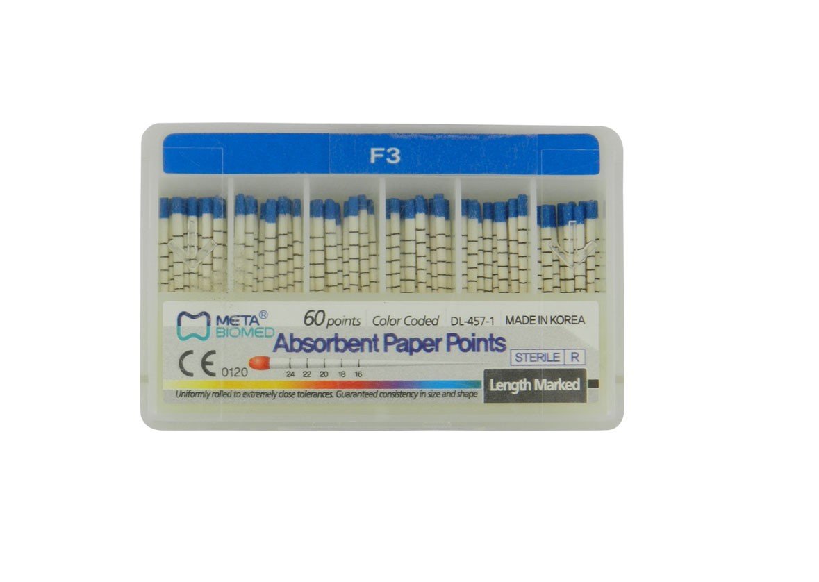 Meta Aurum Pro Absorbent Protaper Paper Points for endodontic procedures, showing yellow paper points with packaging.