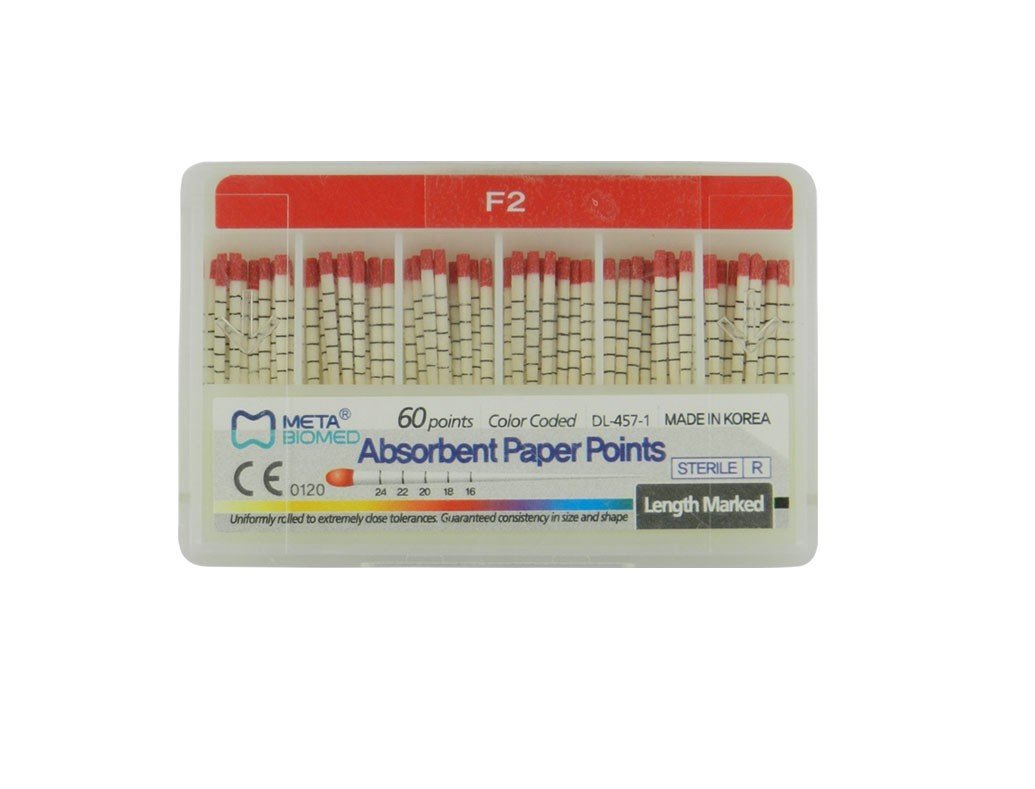 Meta Aurum Pro absorbent Protaper paper points for endodontic procedures, yellow-colored, made by Meta Biomed.