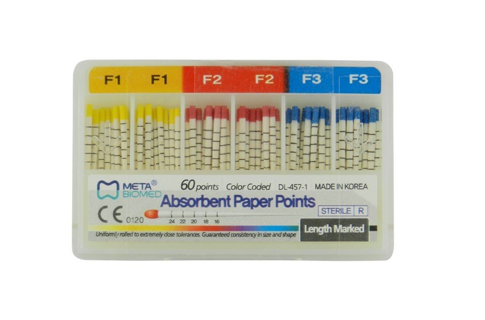 Meta Aurum Pro absorbent Protaper paper points for endodontic procedures, yellow-colored endo instrument from Meta Biomed.