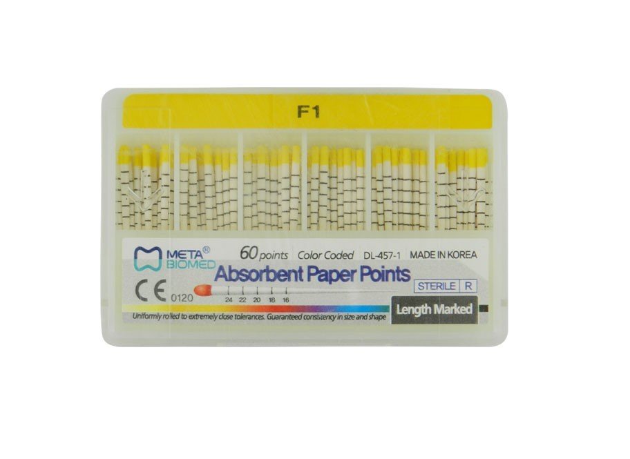 Meta Aurum Pro absorbent Protaper paper points for endodontic treatment, showing yellow paper points in a dental instrument set.
