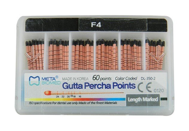 Meta Aurum Pro Protaper Gutta Percha endo instrument by Meta Biomed, black GP point for root canal filling, close-up view