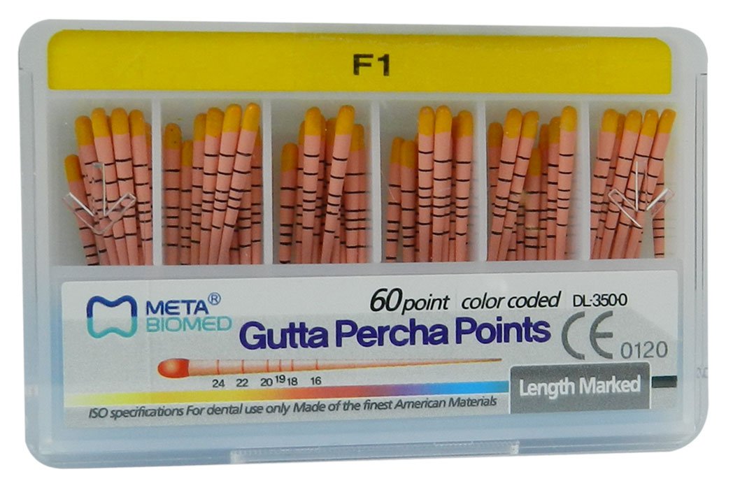 Meta Aurum Pro Protaper Gutta Percha point for endodontic procedures, designed by Meta Biomed, shown in black packaging.