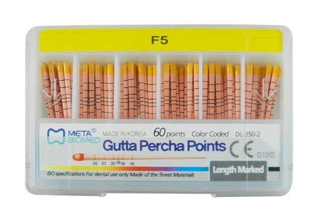 Meta Aurum Pro Protaper Gutta Percha point for endodontic procedures, designed by Meta Biomed, shown in black.