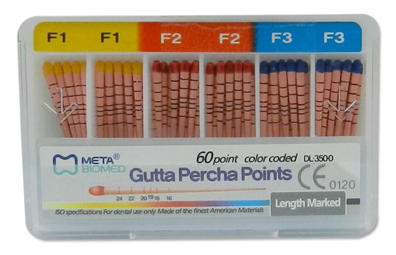 Meta Aurum Pro Protaper Gutta Percha Point for endodontic treatment, black, from Meta Biomed, used in root canal procedures.
