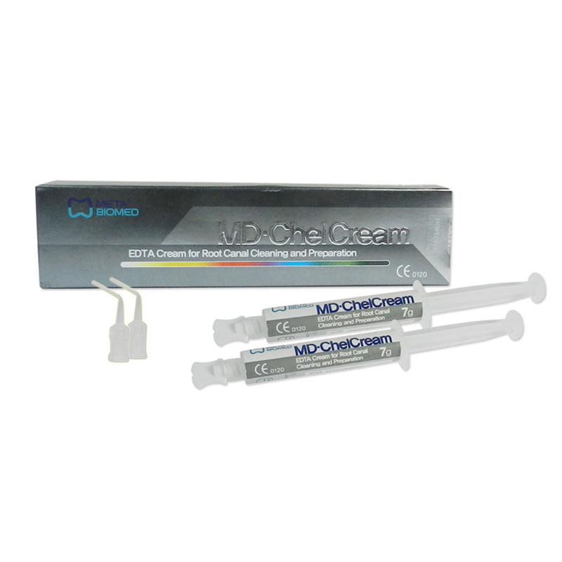 Meta MD Chel Cream EDTA gel for root canal treatment, in two 7g syringes, used for endodontic and restorative dental procedures.