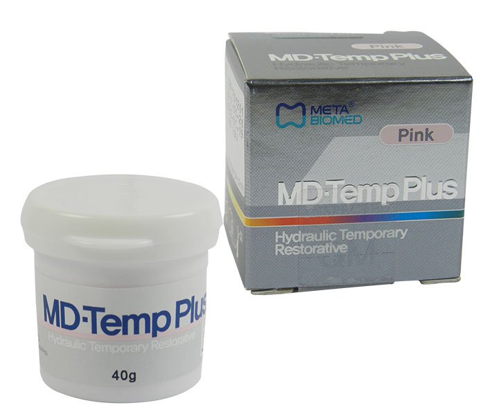 Meta MD Temp Plus hydraulic temporary restorative in pink, used for endodontic and restorative dental procedures.