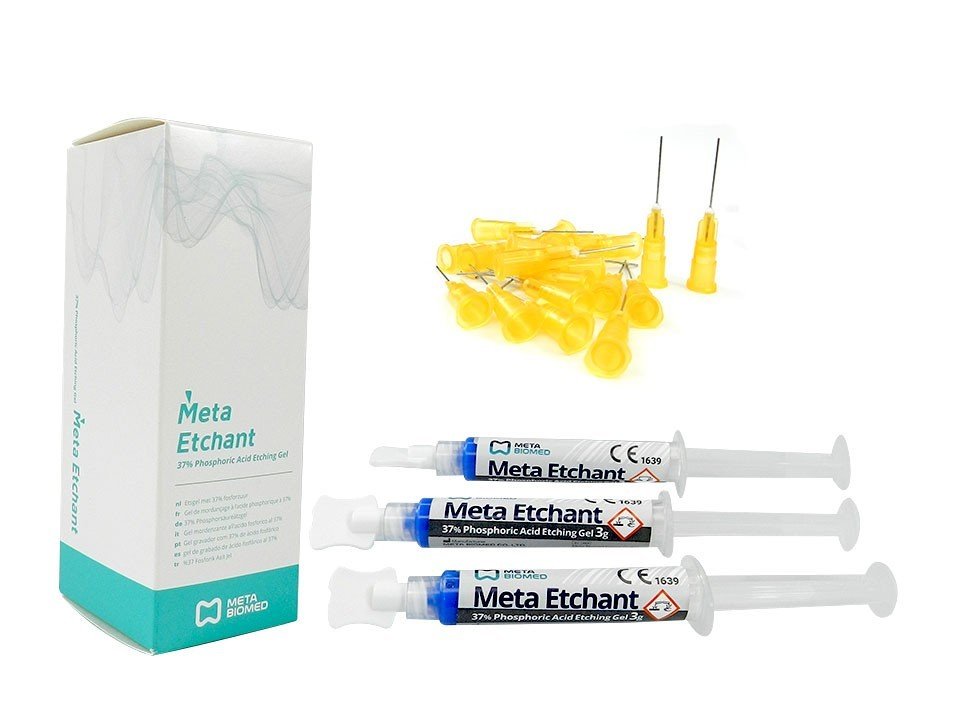 Meta Biomed Meta Etchant 37% phosphoric acid semi-gel in three 3g syringes, used for dental etching and surface preparation.