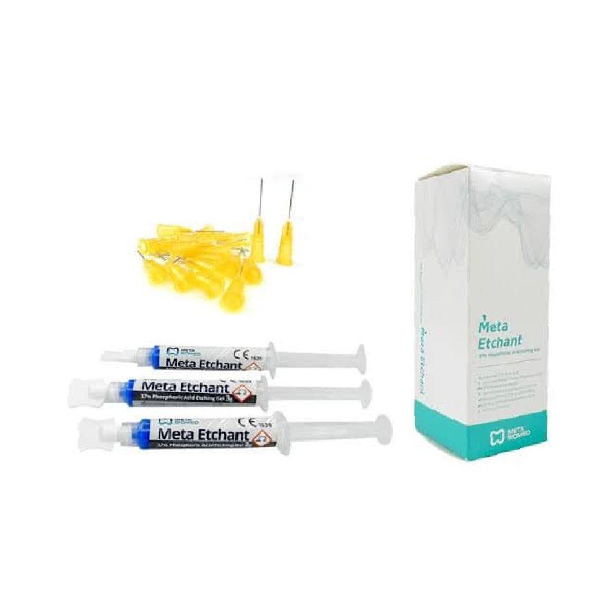 Meta Biomed 37% phosphoric acid semi-gel etchant in three 3g syringes, used for dental cavity preparation and surface etching.