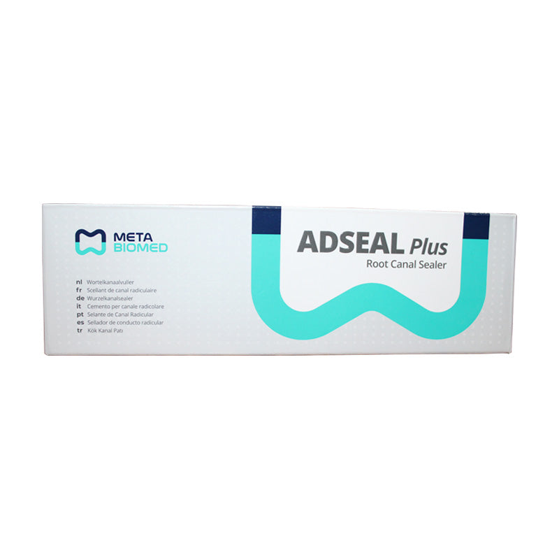 Meta Biomed MB Adseal Plus 13.5g dual syringe resin-based root canal sealer shown in a dental application.