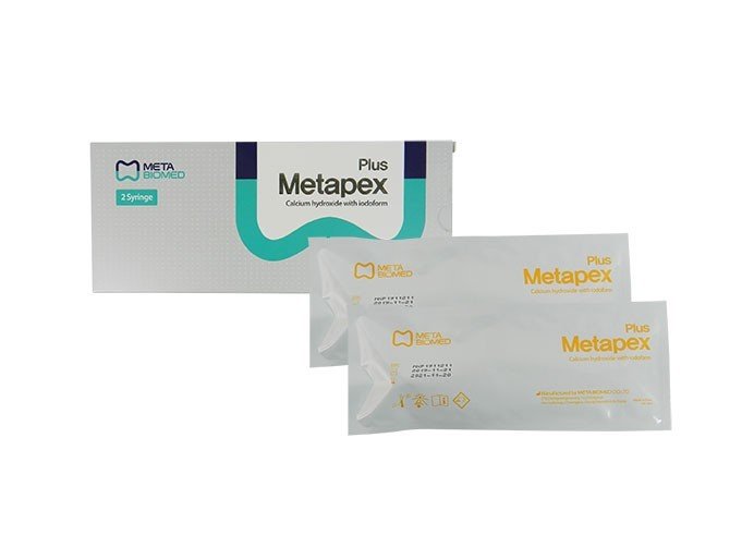 Meta Biomed MB MetaPex Plus calcium hydroxide with iodoform root canal treatment syringes, 2.2g each, shown in two syringes.