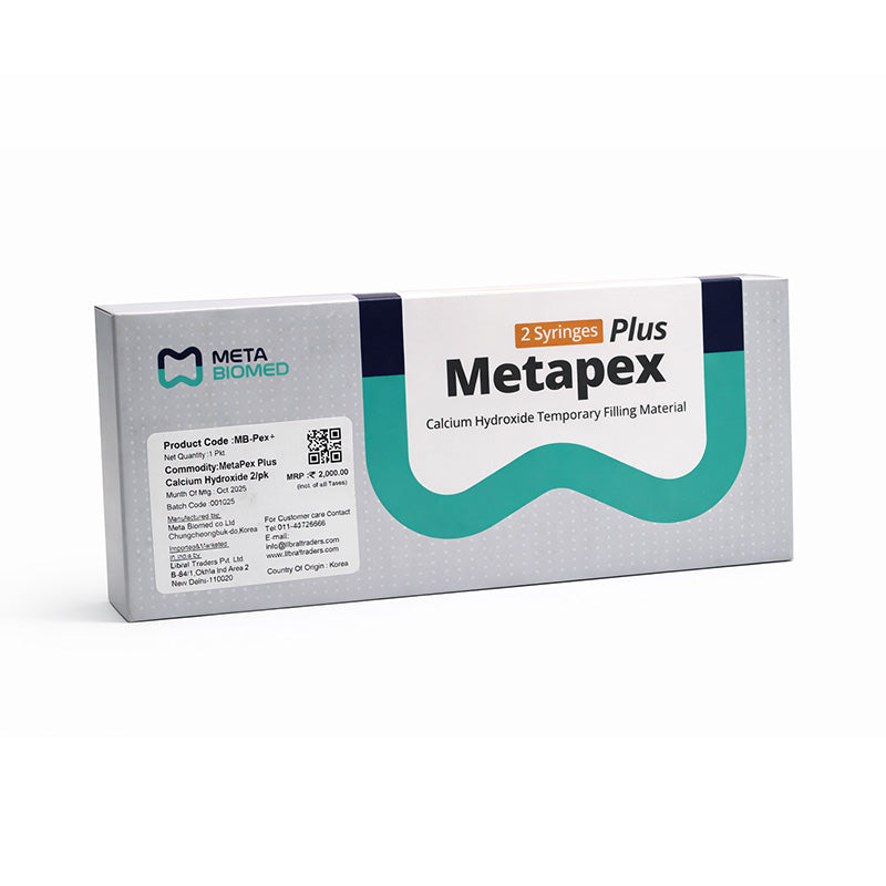 Meta Biomed MB MetaPex Plus calcium hydroxide with iodoform in two 2.2g syringes for root canal treatment.