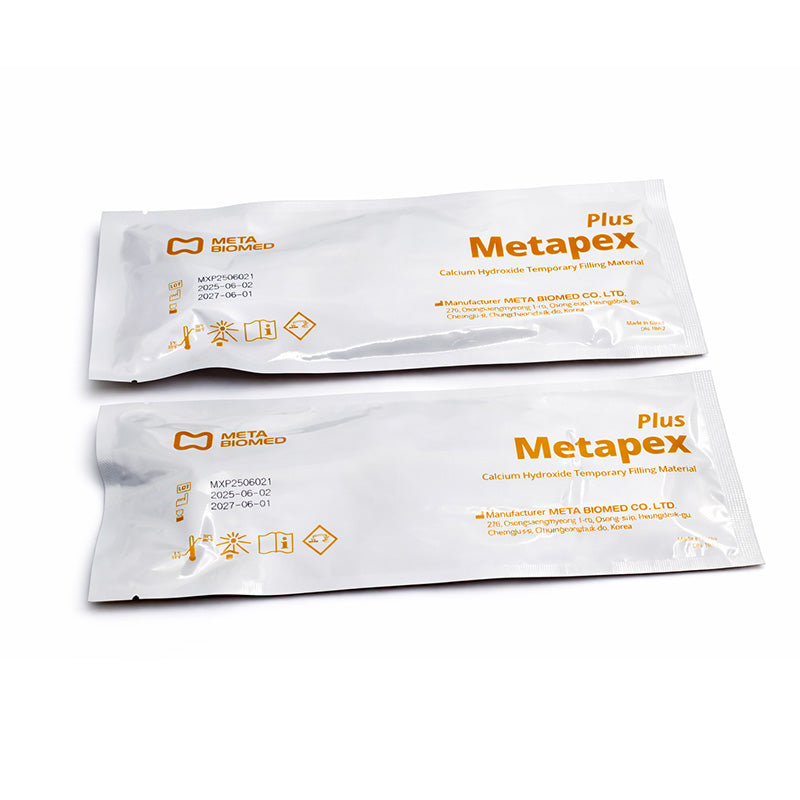 Meta Biomed MB MetaPex Plus calcium hydroxide with iodoform root canal syringes, 2.2g each, for dental treatment.