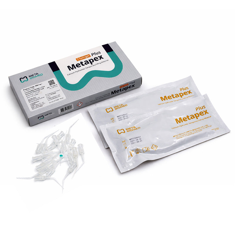 Meta Biomed MB MetaPex Plus calcium hydroxide with iodoform root canal treatment syringes, 2.2g each, two syringes.
