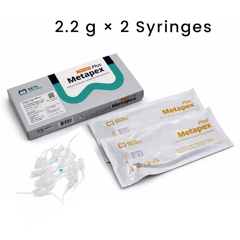 Meta Biomed MB MetaPex Plus Calcium Hydroxide with Iodoform root canal treatment syringes, 2.2g each, for dental procedures.