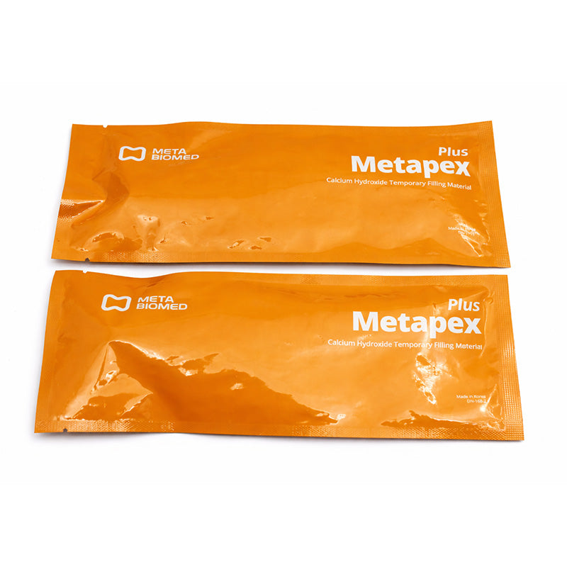 Meta Biomed MB MetaPex Plus calcium hydroxide with iodoform root canal treatment syringes, 2.2g each, for dental procedures.
