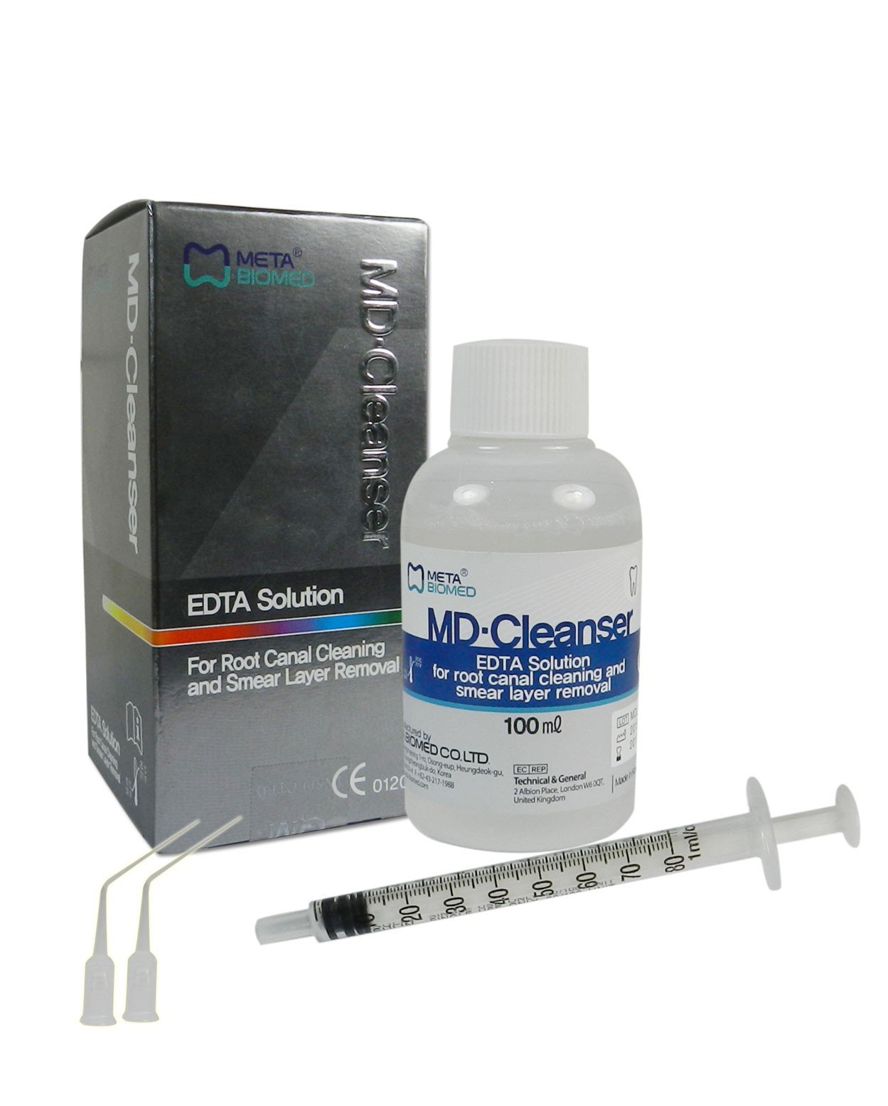Meta MD Root Canal Cleanser 17% EDTA Solution in a 100 ml bottle by Meta Biomed, used for root canal procedures.