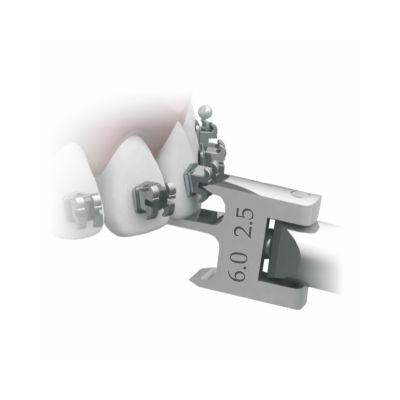 Morelli SS Bracket Positioner gauge for accurate 2.5 to 6 mm bracket placement, used in dental or orthodontic applications.