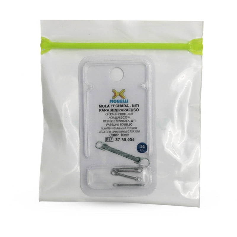 Morelli NiTi closed coil spring for mini screw, 7mm length, flexible orthodontic appliance component.