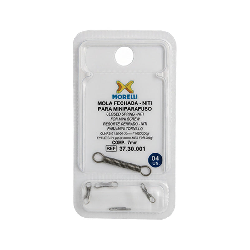Morelli NiTi closed coil spring for mini screw, 7mm length, used in orthodontic or dental applications.