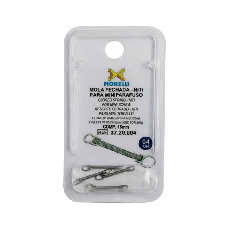 Morelli NiTi closed coil spring for mini screw, 7mm length, flexible orthodontic appliance component.