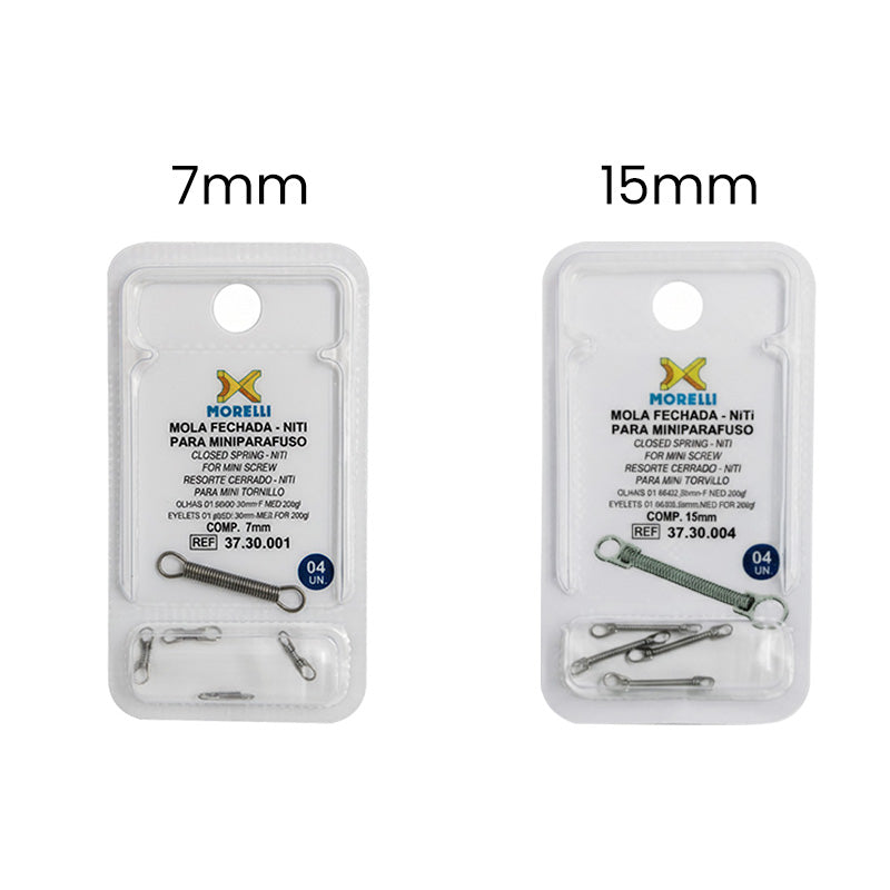 Morelli NiTi closed coil spring for mini screw, 7mm length, used in orthodontic mini screw applications, made of nickel-titanium alloy.