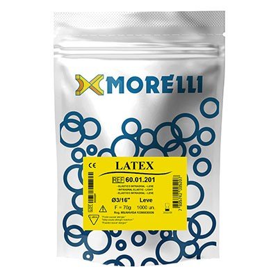Morelli medium intraoral latex elastics for orthodontic use, shown in a close-up image of the elastics' packaging and product.