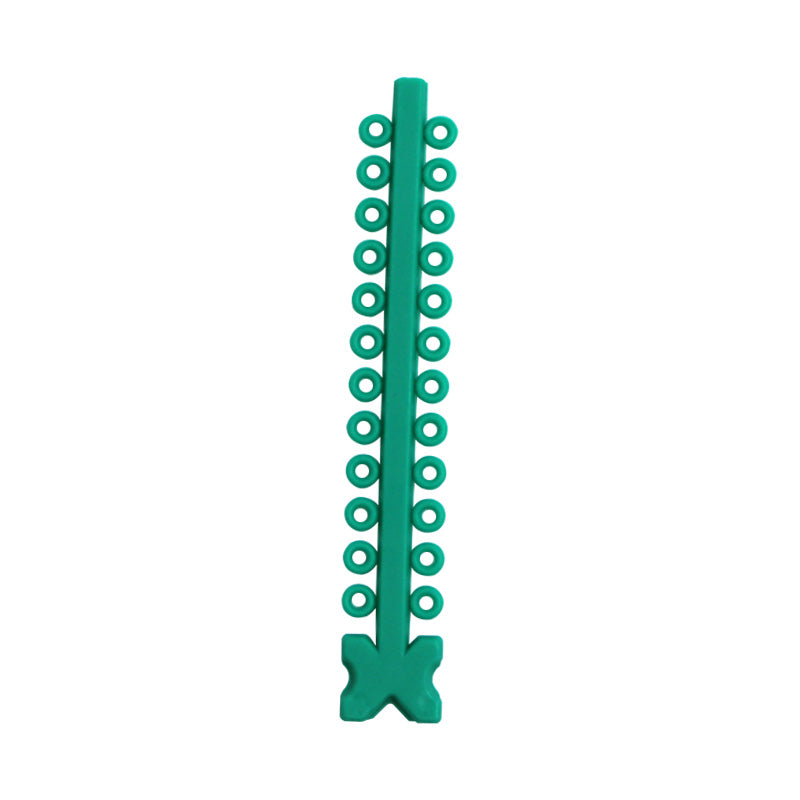 Assorted Morelli elastic ligature ties in a module, clear and flexible for dental or orthodontic use.