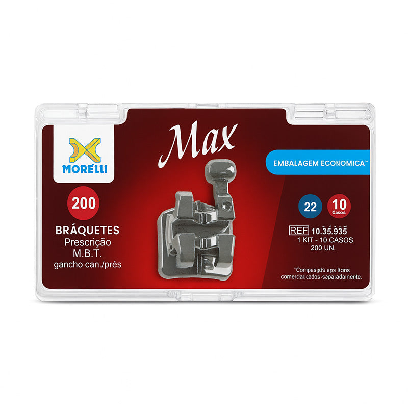 Morelli MBT .022 MAX metal brackets, set of 10 kits, used for dental or orthodontic applications, with durable metal construction.