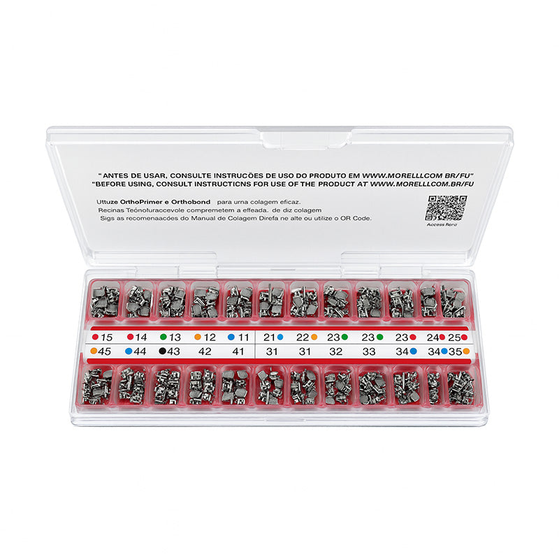 Morelli MBT .022 MAX metal brackets in a kit, showing ten sets of durable, precision-engineered brackets for dental use.