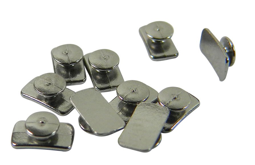 Curved Morelli Weldable Buttons in metal with a shiny finish, designed for sewing and crafting projects.