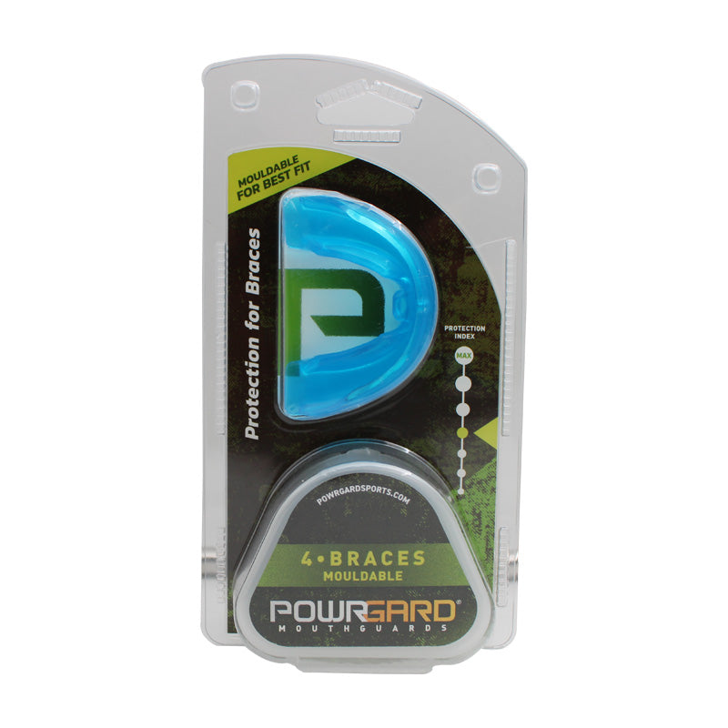 Myofunctional Research Co. POWRGARD 4-Braces single mouldable orthodontic trainer mouthguard on a white background.