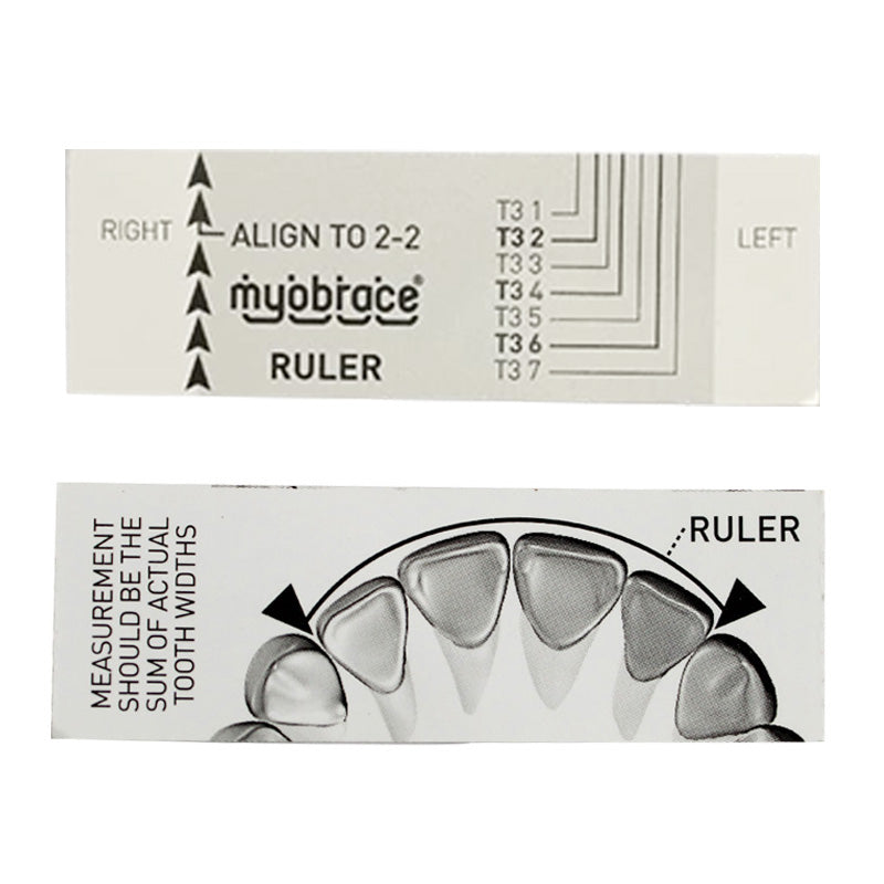 Myofunctional Research Co. MRC Myobrace for Teens ruler, a trainer appliance sizing tool, with measurement markings on a white background.