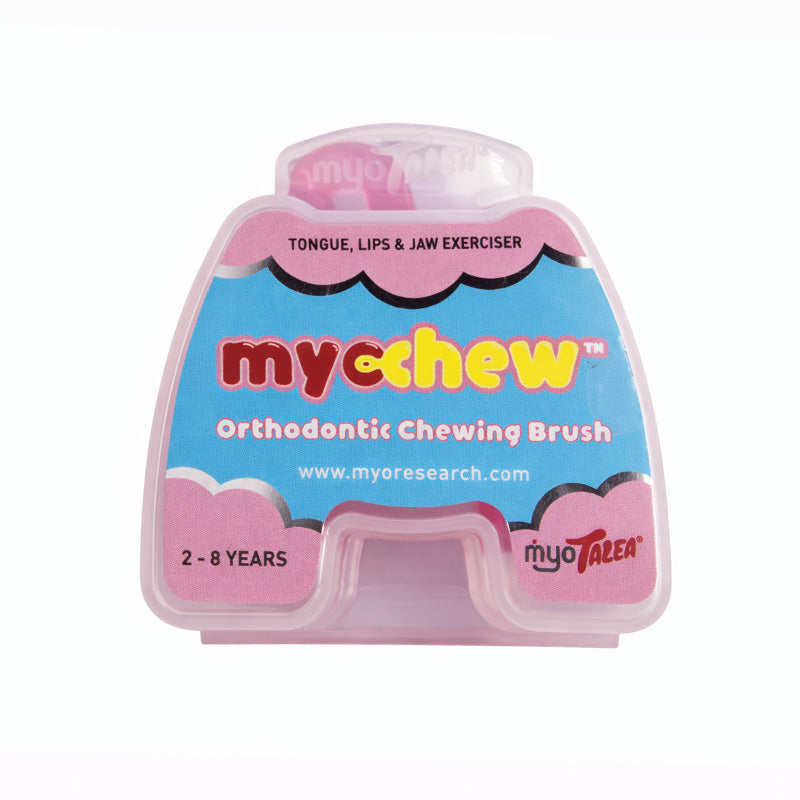 Pink MRC Myotalea Myochew trainer appliance designed for Myofunctional Research Co. orthodontic therapy and splint support.