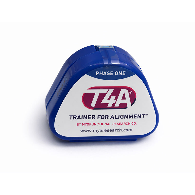 Myofunctional Research Co. T4A Phase 1 large blue trainer appliance for dental and jaw alignment therapy.