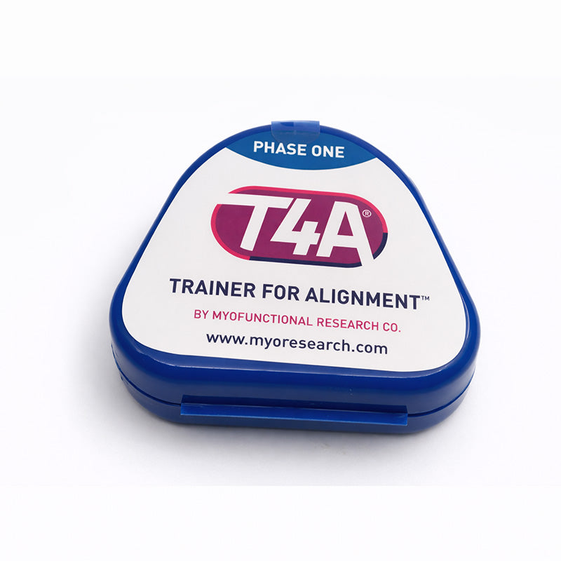 Myofunctional Research Co. T4A Phase 1 Medium Blue MRC Trainer for dental alignment, showing the blue appliance on a model.