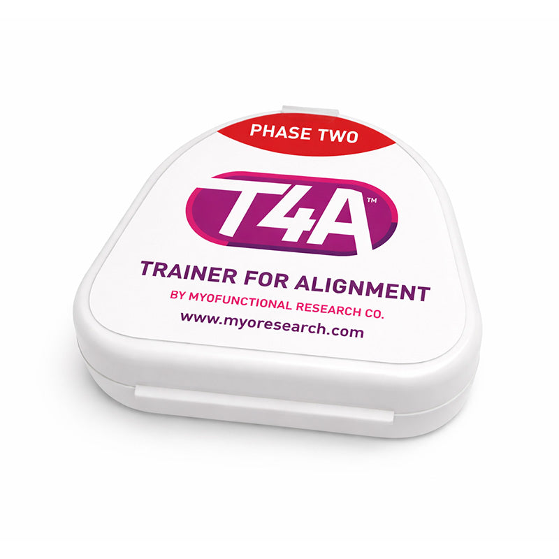 Myofunctional Research Co. T4A Phase 2 Medium Clear Trainer appliance for dental alignment, shown in a clear, close-up view.
