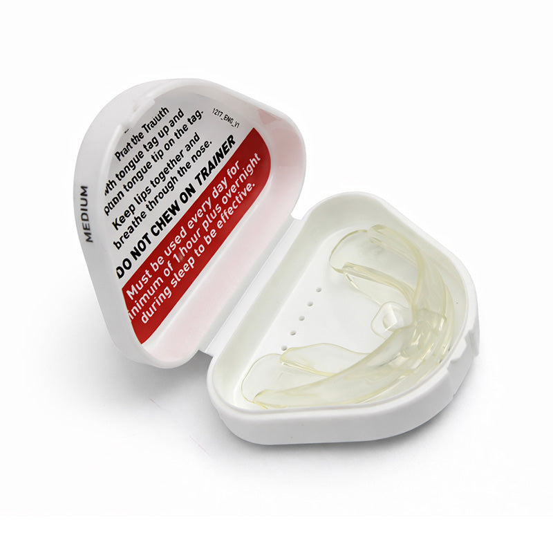 Myofunctional Research Co. T4A Phase 2 Medium Clear Trainer for dental and jaw alignment, shown in a clear, medical-grade appliance.