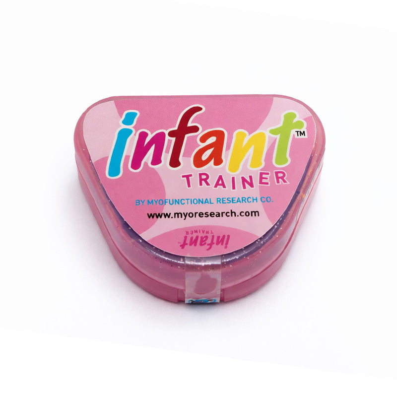 Soft pink MRC Trainer for Infant Phase 1 by Myofunctional Research Co. showing the appliance used for infant oral development.