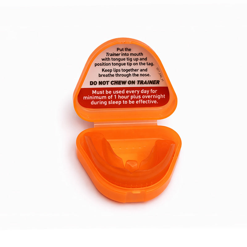 Myofunctional Research Co. MRC Trainer T4B for braces in bright orange, a functional appliance and splint for orthodontic support.