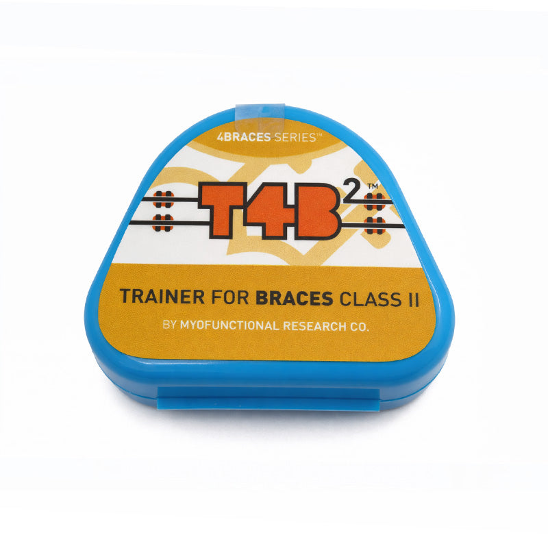 Myofunctional Research Co. MRC Trainer T4B2 for braces Class II, blue orthodontic trainer appliance on a white background