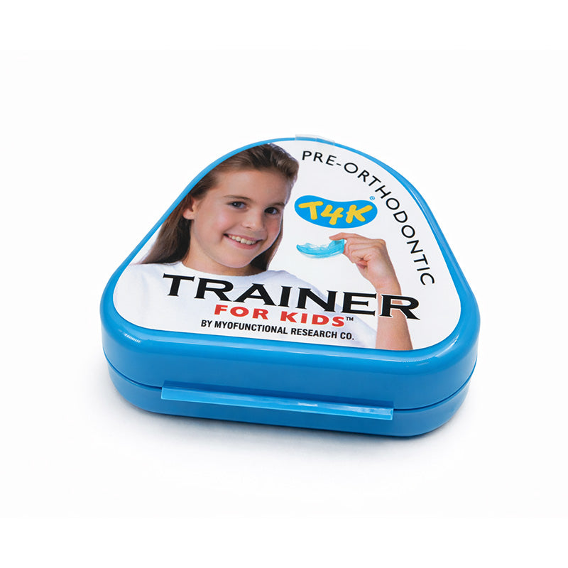 Myofunctional Research Co. T4K Trainer for Kids Phase 1 in soft blue, a pediatric orthodontic appliance with adjustable components.