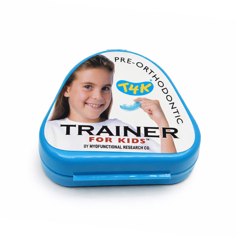Myofunctional Research Co. T4K Trainer for Kids Phase 1 in soft blue, a pediatric dental appliance and splint for oral therapy.