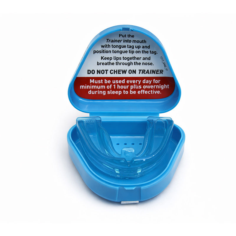 Myofunctional Research Co. T4K Trainer for Kids Phase 1 in soft blue, a pediatric appliance and splint for oral therapy.