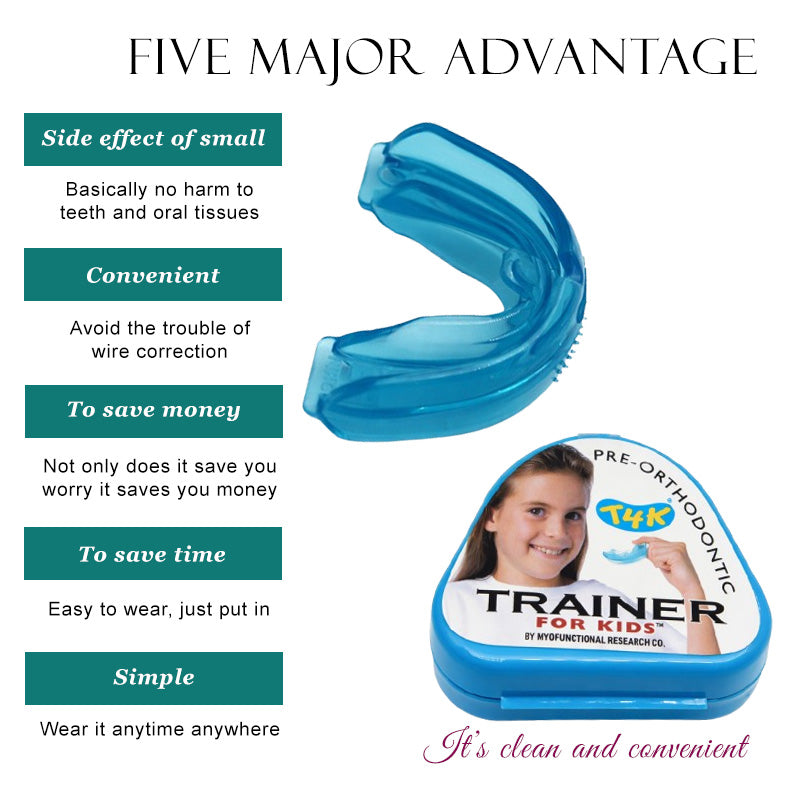 Myofunctional Research Co. T4K Trainer for Kids Phase 1 in soft blue, showing the orthodontic trainer appliance on a child's teeth.