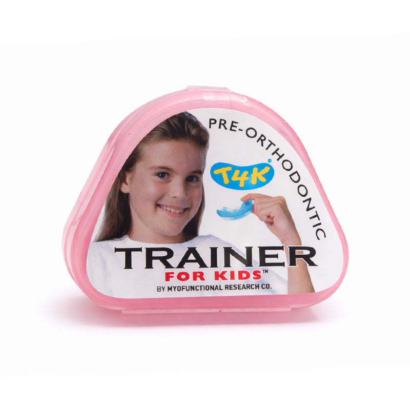 Myofunctional Research Co. MRC Trainer T4K for Kids Phase 1 soft pink appliance with silicone components and adjustable straps.